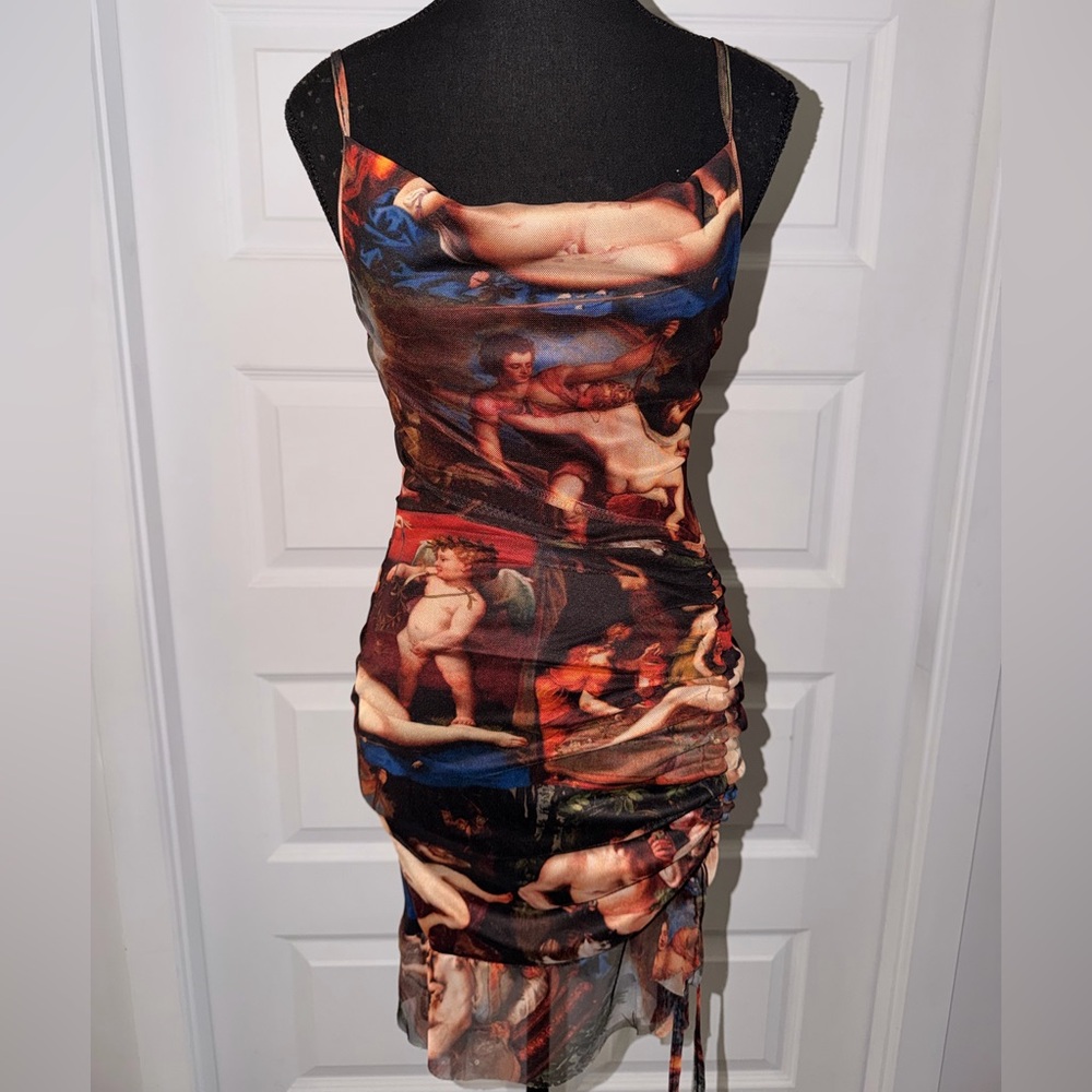 PLT Art Print Ruched Mesh Midi Dress – Statement Piece